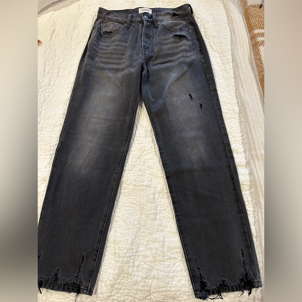 Pistola Denim Washed Distressed Cropped Button Fly Jeans in Black